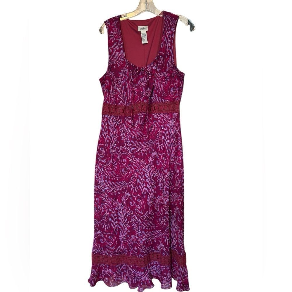 Pink Floral Sequin Midi Dress 12 Milkmaid Y2K Chiffon Crochet Trim Boho